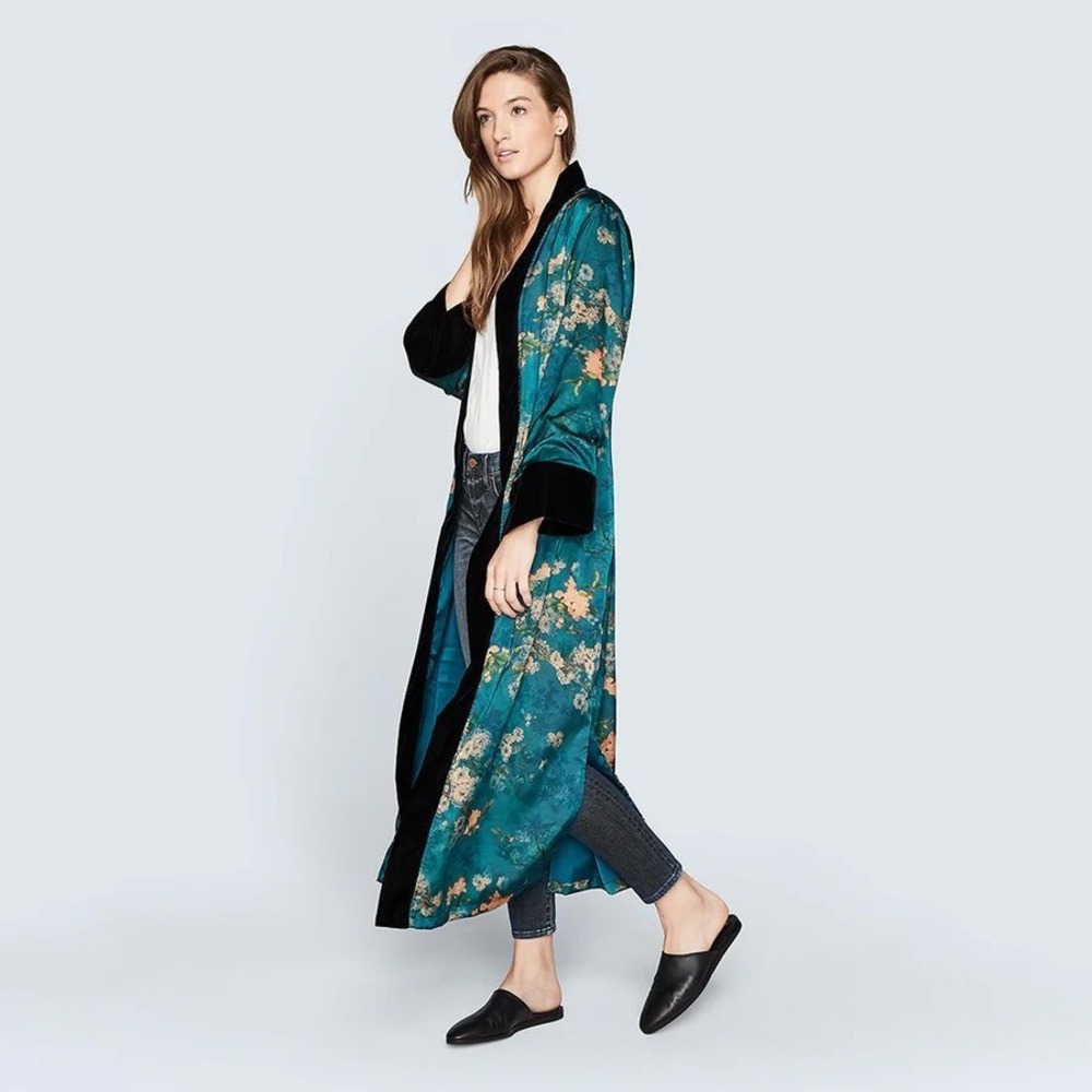 Kimono Ono Teal Floral Velvet Trim Long Kimono Robe - Picture 1 of 10